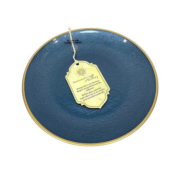 Turkish Glass 4 Salad Dessert Plates Set Blue Texture Gold Rim 8.25" NWT - Picture 1 of 11